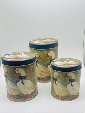 Blue Ribbon Duck Goose Metal Tin Nesting Canisters 3 Set Farmhouse Cottagecore